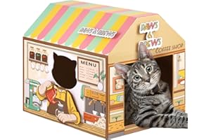 SEKAM Cardboard Cat House With Scratcher/Catnip (16.5'' x 12'' x 15'') ，Coffee Shop for Indoor/Outdoor Cats, Play House & Home Decor, Cat Scratch Toy for Birthday, Hideout for Small Animals