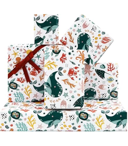 Lot De 4 Feuilles De Papier Cadeau D'anniversaire Pour Enfants, Filles Et Garçons, Thème Sous