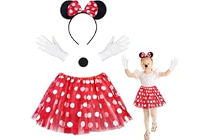 Fennoral 4tlg Kinder Maus Ohren Haarreifen Rote Schleife Mausrock Polka Dot Tüllrock mit Nase Handschuhe für Mädchen Karneval Cosplay Partykostüm