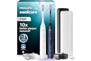 ‎PHILIPS Philips Sonicare 7100 elektrische Zahnbürste, Schallzahnbürste mit App, 4 Putzmodi und 3 Intensitätsstufen, Andruckkontrolle, EasyStart, Weiß und Marineblau, 2er Pack, HX7429/01 [Neue Technologie]