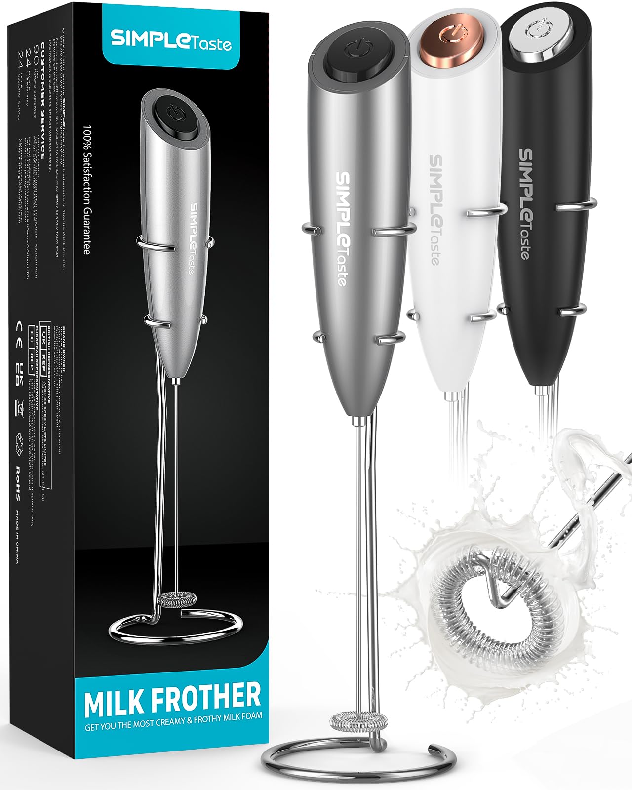 SimpleTaste Electric Milk Frother with Stand, One Touch Handheld Whisk Batteries Powered Cappuccino Coffee Frother Grey, 1 Ye