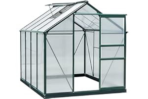 Outsunny Polycarbonate Garden Greenhouse 190x252x201cm, serre pour plantes avec base, fenêtre, porte coulissante et cadre en aluminium, vert foncé