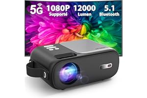 HORLAT Mini Projecteur, Portable Vidéoprojecteur 5G WiFi Bluetooth1080P Supporté, 12000 Lumens Rétroprojecteur with ±15° Trapezoidal Correction, Home Cinéma, Compatible avec Smartphone,Jeu,Ordinateur
