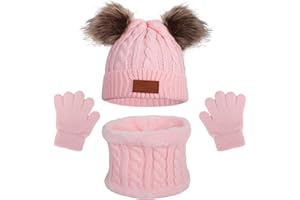 Jiusely Kids Winter Hat Scarf Gloves Set, 3 in1 Winter Accessories Sets, Thermals Pom Pom Bobble Hat Fluffy Neck Warmer and Gloves for Girls Boys Children Age 1-5