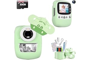 FINE LIFE PRO Cámara Infantil, 30 MP, cámara instantánea para niños, impresión en Blanco y Negro, Foto con Pantalla de 1080P de 2,4 Pulgadas, cámara Digital para niños con Tarjeta TF de 32 G, Doble cámara, Verde