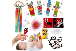 GIAPOO Newborn Baby Sensory Toys 11 Pcs Black and White Sensory Toys Baby Toys 0-6 Months Foil Blanket Sensory Cards Baby Rattles Ribbon Ring Newborn Toys Tummy Time Baby Sensory Box Gifts