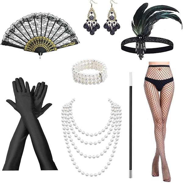 6-teiliges 20er Jahre Kostüm Set Für Damen – Mit Kopfschmuck, Perlenkette, Handtasche & Spitzenhandschuhen