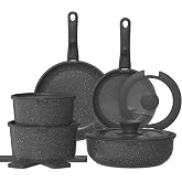 YASHE Cookware and Pans Set 15 Pieces, Granite Non-Stick Coating | Non-stick aluminum with two removable handles; oven safe a