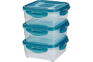 Amazon Basics Set di 3 contenitori ermetici per alimenti da 0.8 litri, con coperchio, in plastica senza BPA, adatti per frigorifero, congelatore, microonde e lavastoviglie, trasparenti