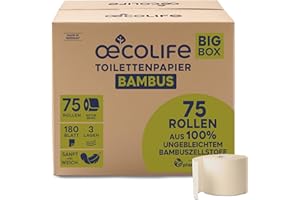 ‎ŒCOLIFE œcolife Toilettenpapier BAMBUS, 75 Rollen à 180 Blatt, 3-lagig, aus nachhaltigem Bambus, plastikfrei verpackt