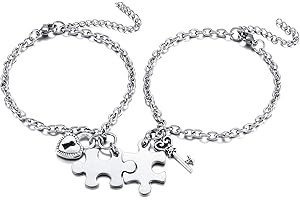 Zysta Bracciali Puzzle Abbinate con Ciondolo Chiavi Serratura per Coppia BFF Bracciali Amicizia Personalizzate Nomi Iniziali Incisione Braccialetti a Catena Regolabile in Acciaio per Mamma e Figlia