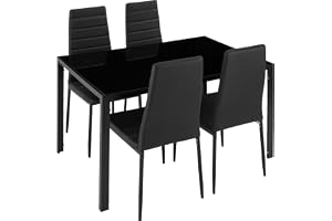 tectake® matgrupp 120 x 70 x 75 cm, matbord med 4 stolar, säkerhetsglas | stoppade sitsar, slitstarkt konstläder, hög sittkomfort, formade ryggstöd, enkel montering, kök och vardagsrum