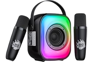 PHNIXGAM Mini macchina per karaoke con due microfoni wireless, altoparlante Bluetooth portatile per adulti e bambini, microfono per karaoke con LED, supporto altoparlante per scheda