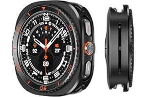 Suphart 3 in 1 Metal Case Compatible with Samsung Galaxy Watch Ultra 2/1 Screen Protector 47mm, Rugged Protective Bumper with Back Frame + Tempered Glass Film for Galaxy Watch Ultra, Black/Orange