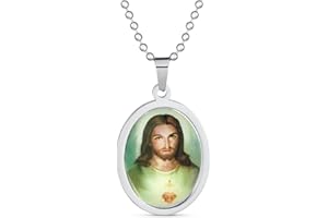 Bling Jewelry Unisex Personalize Oval Religious Medal Medallion Sacred Heart of Jesus Photo Pendant Necklace for Men Teen Silver Tone Customizable