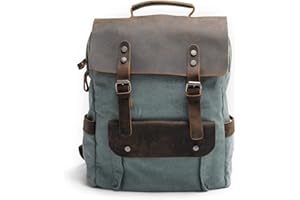 EYSEE Plecak męski z płótna z prawdziwą skórą w stylu vintage do uprawiania sportów na świeżym powietrzu, na co dzień 32 cm (dł.) * 42 cm (wys.) * 12 cm (szer.)