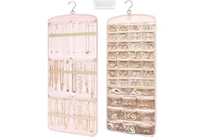 Exojoy Dual-sided Hanging Jewelry Organizer, Jewelry Storage Holder Bag with 39 Clear Pockets and 3 Hooks Jewellery Roll for Necklace Earrings Bracelets (Pink)