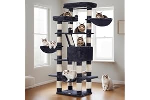 Heybly Arbre à Chat, Hauteur 173 cm Tour de Jeux, avec 2 Plateformes, 17 Griffoirs, 1 Planche à Griffer, 2 Panier, 1 Niche, 1 Hamac, 2 Pompons, Tissu Peluche, Multi-Niveaux, Gris Fumé HCT025G