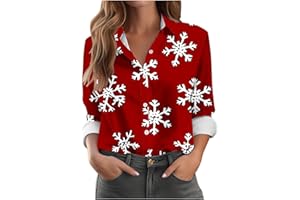 GENERIC Christmas Jumpers for Women Long Sleeve Santa Claus Xmas Tree Snowflake Shirts UK Ladies Button Novelty Graphic Christmas Blouses Funny Printed Sweatshirts Casual Holiday Tops