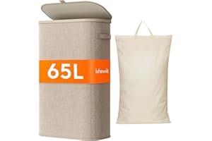Lifewit Panier à Linge Etroit Sale 65 L, Corbeille Linge avec Sac Amovible et Poignée, Bac Linge Extra Plat avec Couvercle, Laundry Basket pour Chambre, Buanderie, Salle de Bain, Beige