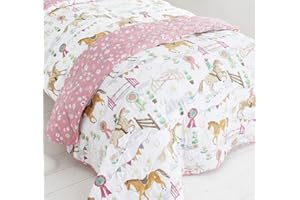Kid's Club Horse Girls Quilted Bed Kids Decorative Throw over Pink Floral Reverse, Polyester-Cotton, Single