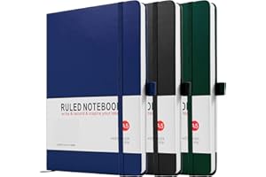 HIJYOO Notebook A5, 3 Pack Journal A5 Notebook 200 Pages 80 GSM Journal Notebook Hardback Notepad with Lined Pages, Pen Loop and Expandable Paper Pocket, Journal Notepad Note Book (Black, Blue, Green))