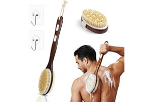 SWTOIPIG Zestaw 2 szczotek do pleców z długim uchwytem, szczotka do peelingu z naturalnym włosiem dzika, dwustronna szczotka do kąpieli i prysznica do usuwania obumarłej skóry, masaż cellulitowy
