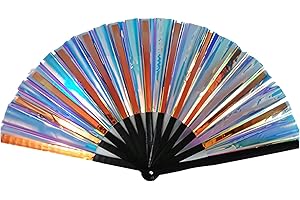MTBRICEY Silver Holographic Rave Hand Fan Glitter Large Folding Clack Handheld Fan PVC Laser Festival Fan Chinese Hand Fans for Wedding Birthday Dancing Music Night Club Rave Festival Cosplay Party (Colorful)