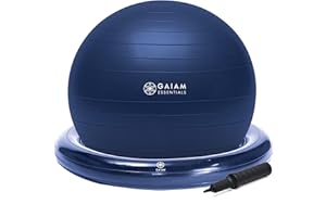 Gaiam Essentials Balance Ball & Base Kit, 65 cm, sedia a sfera da yoga, palla da ginnastica con base ad anello gonfiabile, per scrivania di casa o ufficio, include pompa ad aria