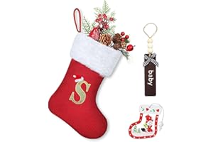 Homemari Personalisierte Weihnachtsstrümpfe mit Buchstaben 30 cm Bestickter Nikolausstrumpf Christmas Stockings Weißem Plüschbündchen Kamin hängende Ornamente Geschenkhalter für Weihnachtsbaum S