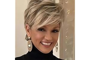 Creamily Perruques blondes courtes pour femme, coupe Pixie avec frange, cheveux synthétiques naturels lisses, perruque courte pour femme, perruque quotidienne, cosplay, fête, blond mélangé marron