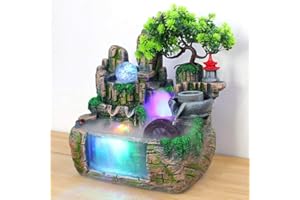 ‎OUKANING Fetcoi Zimmerbrunnen mit LED-Beleuchtung & Nebel - Moderner Tischbrunnen Wasserfall aus Resin (30x20x30cm) mit 3 Wasserspeiern & Kiefern-Design für Büro, Wohnzimmer & Meditation