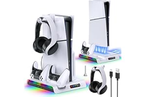FASTSNAIL Soporte de carga con ventilador de refrigeración para consola PS5 Slim, estación de carga de controlador dual con 9 luces RGB y gancho para auriculares y ventilador silencioso de 3 niveles,