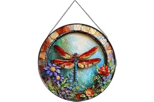 Payutou Dragonfly and Flower Suncatcher Stained Glass,Hanging Stained Glass Suncatcher for Windows,20cm/7.87inch Hand-Painted Sun Catcher Garden Hangings Halloween Fall Christmas Decor for Home