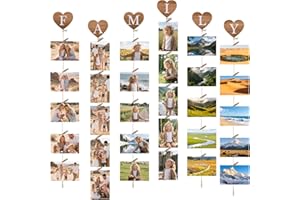 Vasemouh FAMILY Marcos Fotos Colgar Pared - 6 Piezas Portafotos Multiples Pared con Corazón en PVC de Madera, Collage Fotos Pared Decorativo con Pinzas para Crear Tu Collage Fotos Personalizado