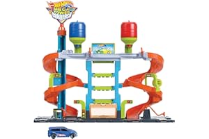 Hot Wheels Méga Tour Station de Lavage de Hot Wheels City, 1 véhicule Color Shifters, bacs d’Eau Chaude et Froide pour changements de Couleur, Jouet Enfant, HDP05