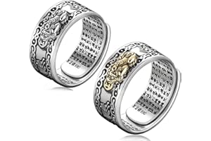 Kucheed Feng Shui PiXiu Bague, Réglable Mantra Bagues pour Hommes Femmes,Sutra MANI Amulette Gravée Protection Richesse Amour Prospérité,Rétro Bouddha Ancien Lucky Band Bijoux Cadeau (2 Pièces - B)