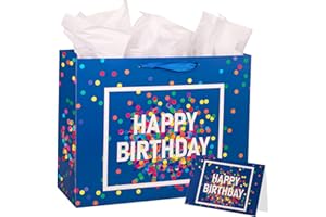LLUOXI Large Birthday Gift Bag, Blue Gift bags for Presents, Medium Gifts Bag with 3 Tissue Paper and 1 Greeting Card for Men Women's Birthday Supplies, Presents Bags with Handles for Kids Adults