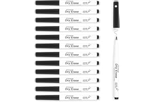 YISAN Pennarelli Lavagna Bianca Cancellabile a Secco con Gomma, 12 Neri Pennarelli Lavagna Magnetica Cancellabili,0.7mm Punta Fine,70542