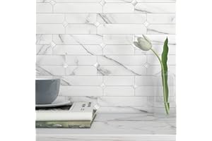 M MOFIT Stick on Brick Wall Tiles Matte Sticky Stickers Self Adhesive Marble Mosaic for Kitchen Fireplace Bathroom(White Silver 10sheets)