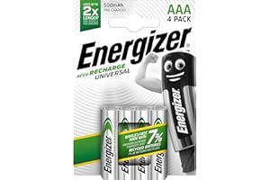 Energizer Recharge Universal - AAA Akkus (4 Stück) - 500 mAh NiMH Batterien - Bis zu 1000 mal wiederaufladbar - voraufgeladen und sofort einsatzbereit - 100% plastikfreie Recycelbar Verpackung