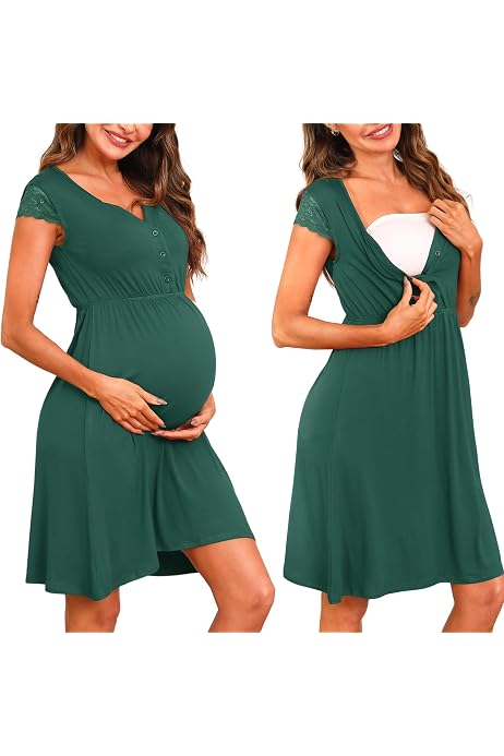 Chemise De Nuit Maternité Litherday - Coton - Allaitement - Manches Courtes - Confort Grossesse