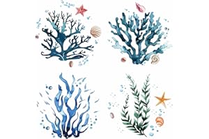 GORGECRAFT 4 Stili Adesivo per Finestra Corallo Alghe Estive Oceano Tema Marino Decalcomanie per Finestre in Vetro sotto Il Mare Adesivi Rimovibili Impermeabili per Porte Scorrevoli Prevenire 16x16cm
