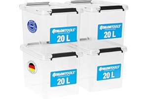ATHLON TOOLS 4x 20 L Aufbewahrungsboxen mit Deckel, lebensmittelecht - Verschlussclips - 100% Neumaterial Plastik-Box transparent - Kleiderboxen stapelbar