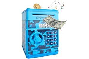 Joollurm Money Bank for Kids,Electronic Money Boxes,Piggy Bank Mini ATM Money Safe for Kids, Cash Coin Saving Box Password Money Box for Boys Girls, Best Gift For Birthday Children's Day (CAMO Blue)