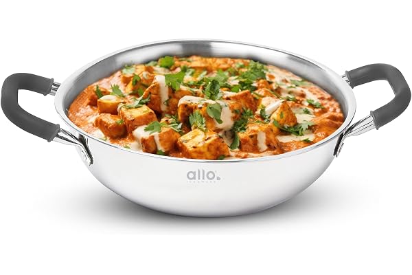 Allo Triply Stainless Steel Kadhai with Handles Perfect Kadhai for Curry/Stir-Fry/Deep-Fry/DryVeg/Saute Induction Friendly Naturally Non-Stick 10 Years Warranty, 20cm, 1.5 litres Without lid