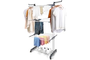 E-SMARTER Stainless Steels Clothes Airer, 4 Tier Clothes Drying Rack, Folded Drying Rack Laundry with 360° rotation, Multifunctional Clothes Dryer is suitable for Clothes, Quilts, Shoes and Shirts