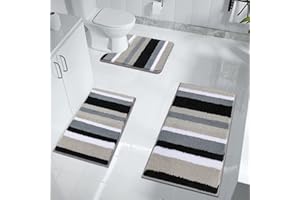 Pauwer Lot de 3 tapis de bain et tapis de bain doux en microfibre antidérapant absorbant l'eau - Lavable en machine - Tapis de bain et tapis de toilette pour douche, baignoire et WC (noir)