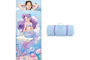 ‎DECALSWEET decalsweet Großes Format Schlafsack Kinder Doppelter Reißverschluss, Faltbare Kinderschlafsack mit Kissen Abnehmbar für Mädchen Jungen, Weich Warm Schlafsack für Outdoor Indoor Camping, 170×75cm