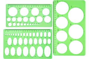 HESTYA Lot de 3 gabarits en plastique avec cercles, ovales et règle pour bureau, école, construction, coffrage ou dessin Clear Green
